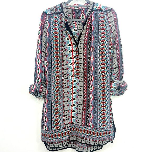 Tolani NATASHE Gray Red 100% Silk Tribal Western Ethnic Flowy Tunic Mini Dress - Picture 3 of 13